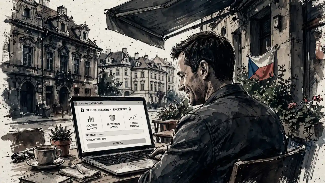 Osoba v kavárně v Praze s notebookem a značkou bezpečnosti