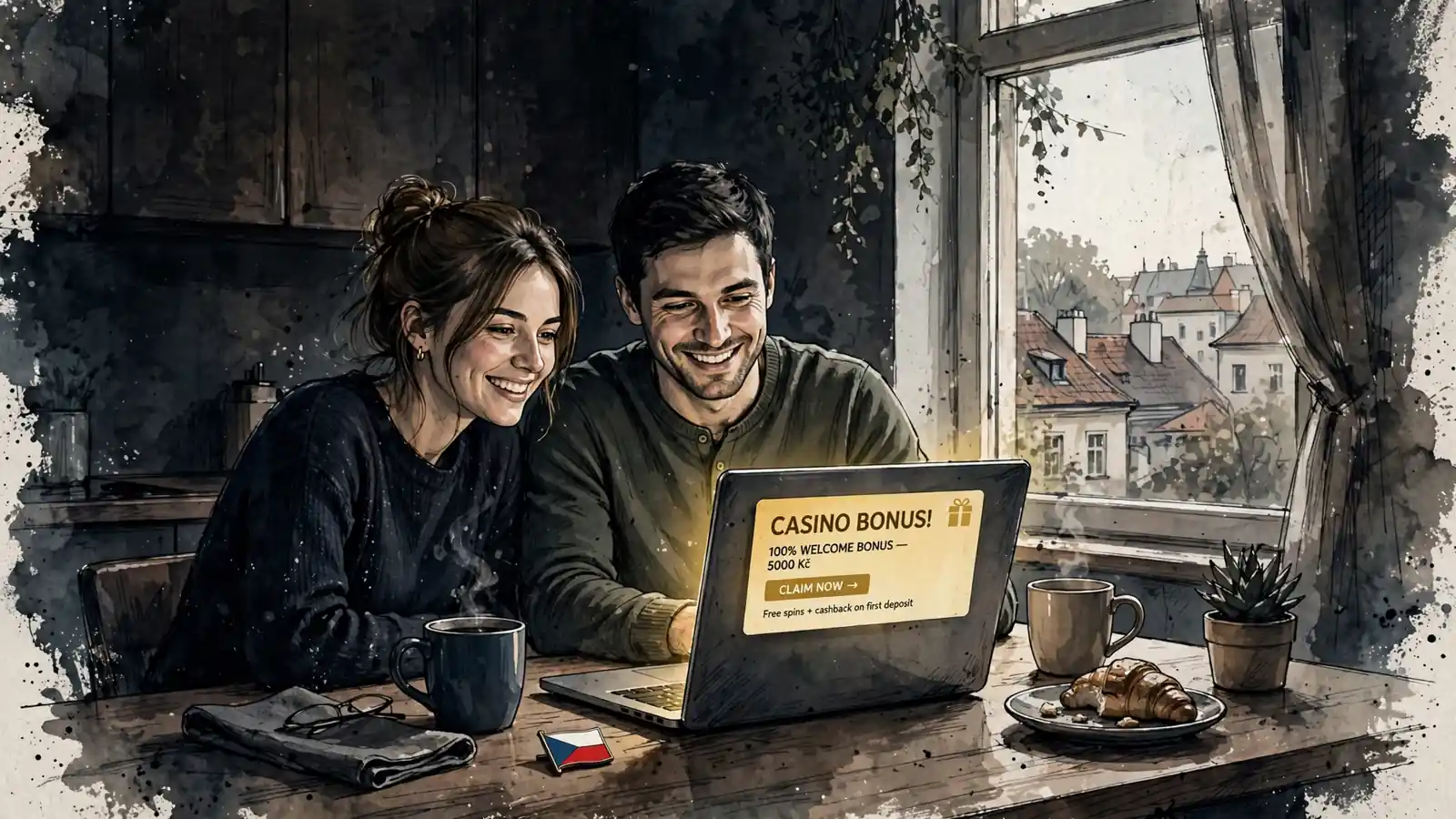 Mladý český pár s laptopem a bonusovou nabídkou v kuchyni