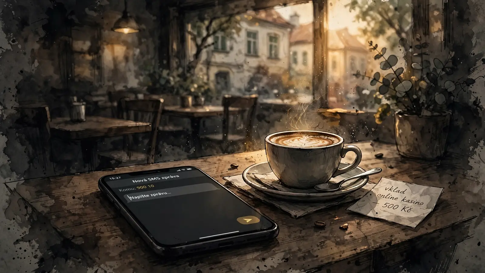 Smartphone na dřevěném stole v pražské kavárně, sluneční svit