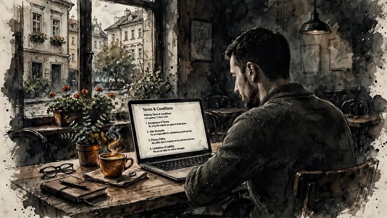 Mladý profesionál čte obchodní podmínky na laptopu v pražské kavárně