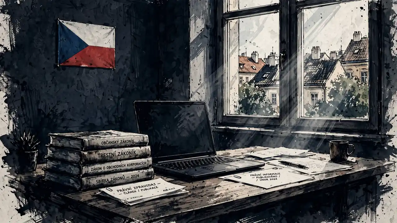 Kancelář s právnickými knihami a vlajkou ČR