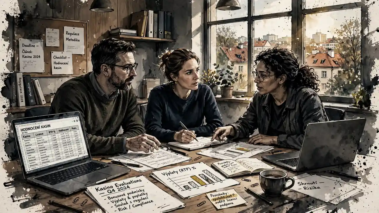Redakční tým v moderní kanceláři s dokumenty a notebooky, světlo z okna na Prahu